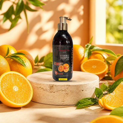 Sea of Life vitamin C shampoo 500 ml pump bottle on a sunlit stone podium surrounded by fresh oranges and citrus leaves