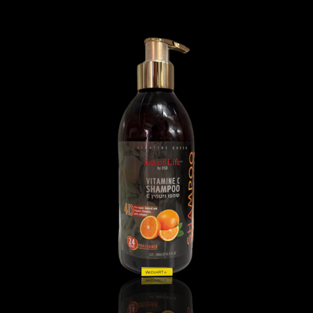 Sea of Life vitamin C shampoo 500 ml pump bottle, front view with reflection