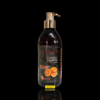 Sea of Life vitamin C shampoo 500 ml pump bottle, front view with reflection