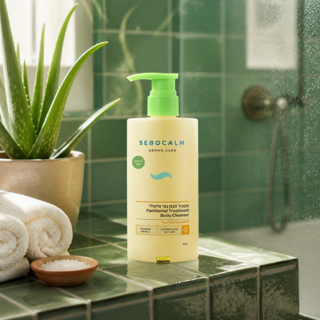 Sebocalm Panthenol body cleanser 460 ml on a green zellige tile bathroom ledge with aloe vera