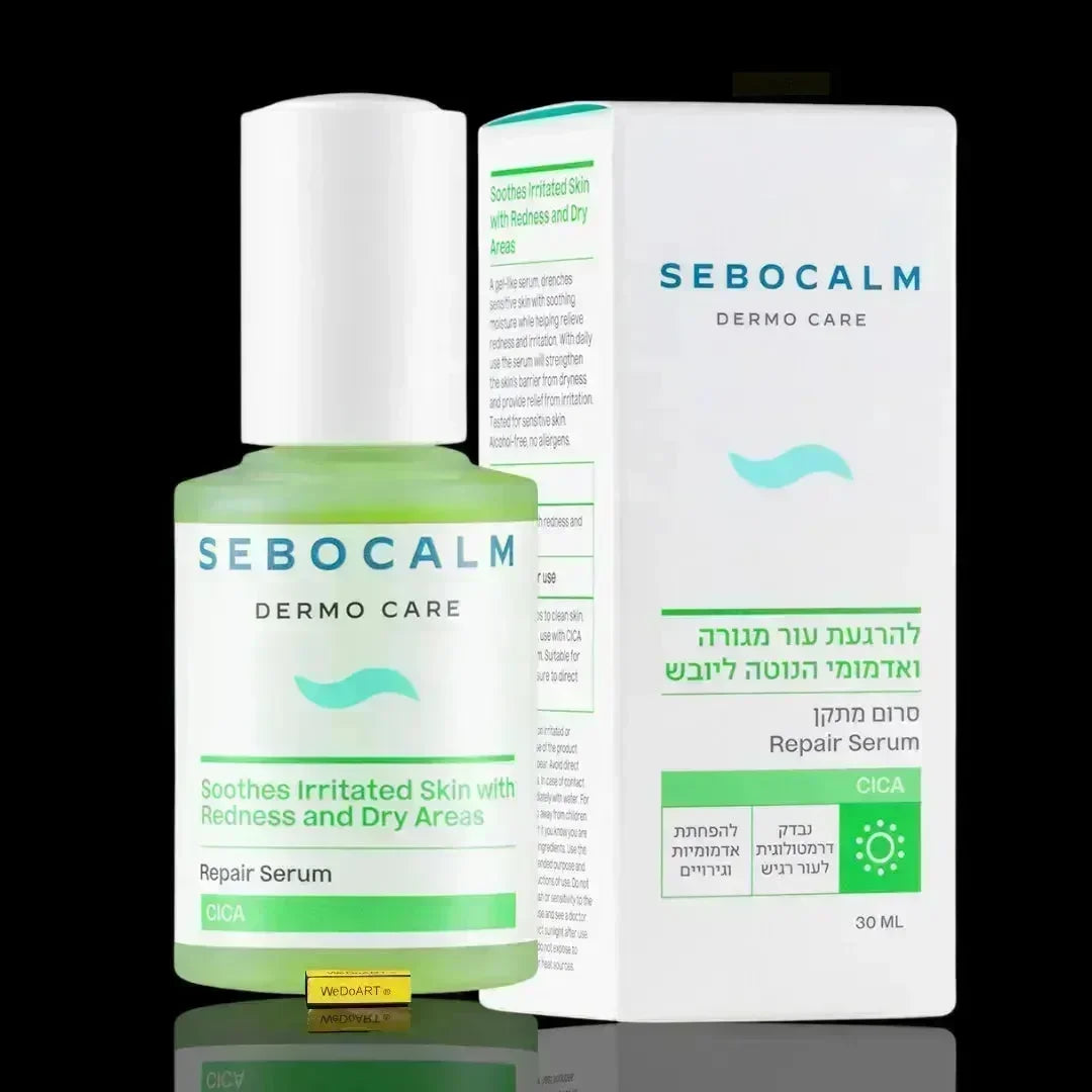 SeboCalm CICA serum, 30 ml, in a green dropper bottle next to its white Dermo Care box