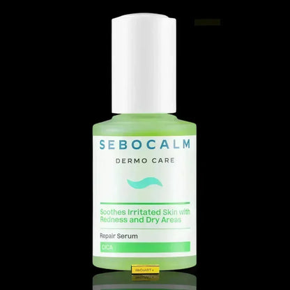 Front of the SeboCalm CICA serum bottle with a white dropper cap