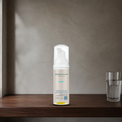 Sebocalm L'Atopi cleansing foam 150 ml on a dark walnut shelf beside a glass of water