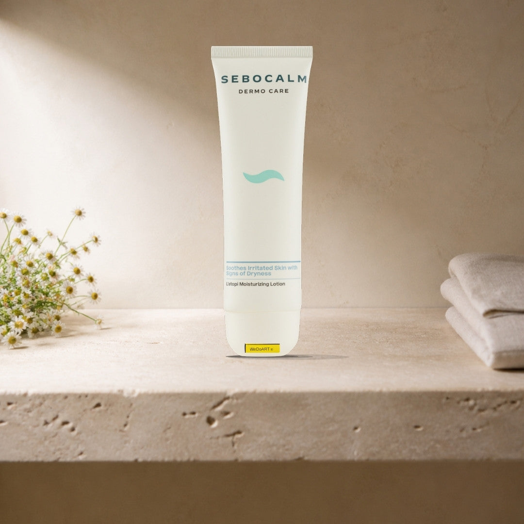 Sebocalm L'Atopi moisturizing lotion 90 ml tube on a limestone bathroom shelf with chamomile
