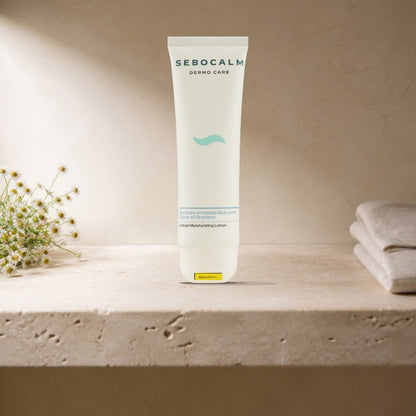 Sebocalm L'Atopi moisturizing lotion 90 ml tube on a limestone bathroom shelf with chamomile