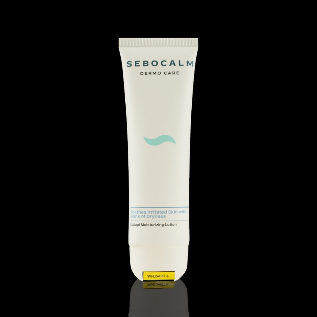 Sebocalm L'Atopi moisturizing lotion 90 ml tube on a dark background with reflection