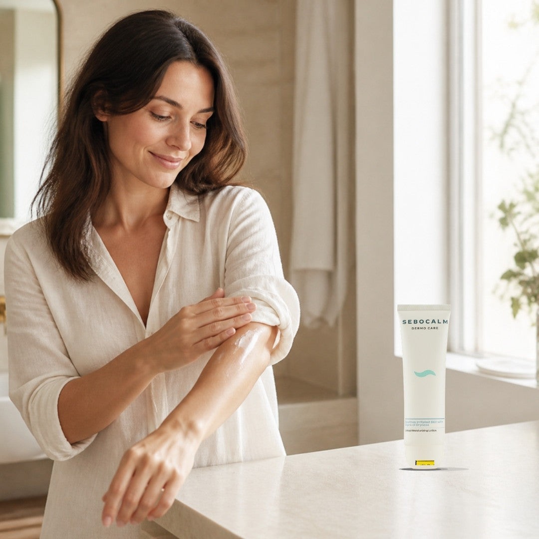 Woman smoothing Sebocalm L'Atopi moisturizing lotion onto her arm, tube on the bathroom counter