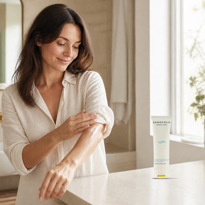 Woman smoothing Sebocalm L'Atopi moisturizing lotion onto her arm, tube on the bathroom counter