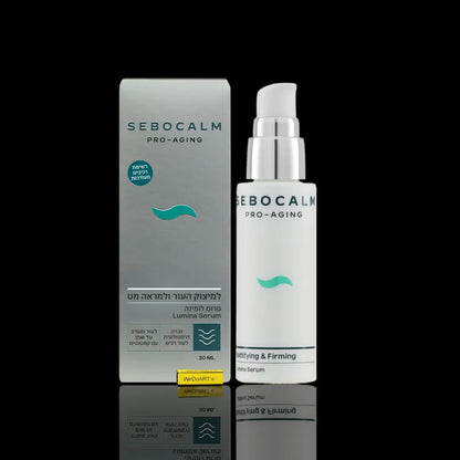 SeboCalm Pro-Aging Lumina serum pump bottle beside its silver box on a black background with a yellow WEDOART badge