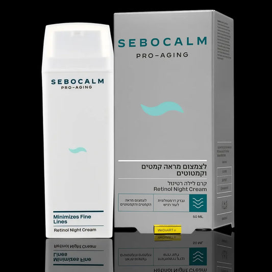 SeboCalm Pro-Aging Retinol Night Cream white pump bottle beside its grey box on a black background