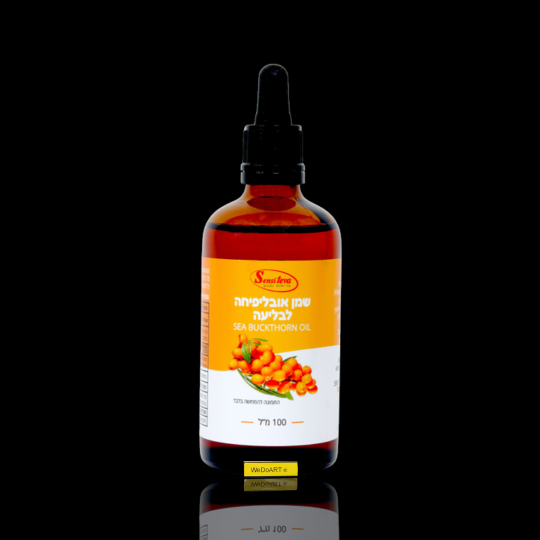 Sensiteva sea buckthorn oil 100 ml dropper bottle with mirror reflection on a dark background