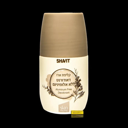 SHAVIT cedar bark aluminum-free roll-on deodorant 60 ml bottle with tan cap and botanical label