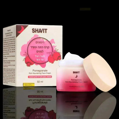 SHAVIT pomegranate rich nourishing face cream 50 ml pink jar with a cream lid beside its white box