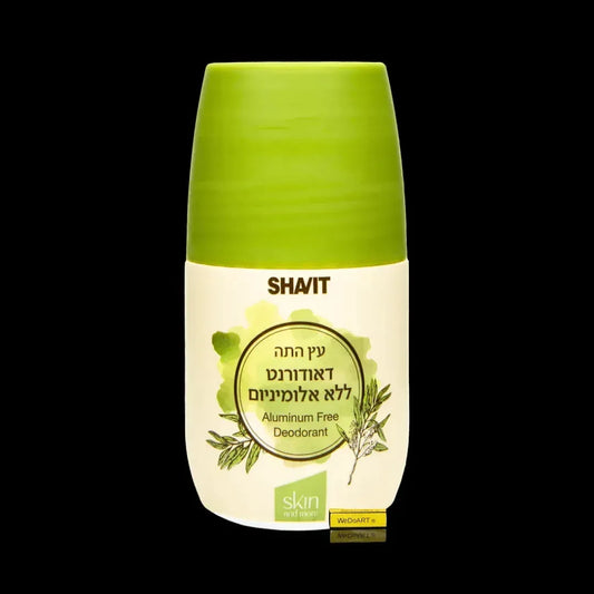 SHAVIT tea tree aluminum-free roll-on deodorant 60 ml bottle with green cap and tea tree leaf label