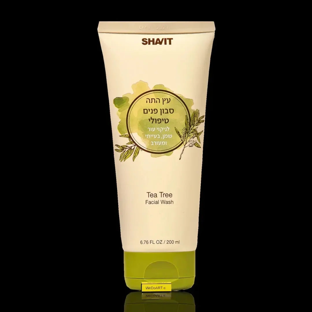 SHAVIT tea tree facial soap 200 ml cream tube with a lime-green cap on a black background