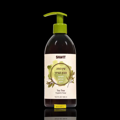 SHAVIT tea tree hygienic soap 500 ml brown pump bottle with a lime-green pump and cream label