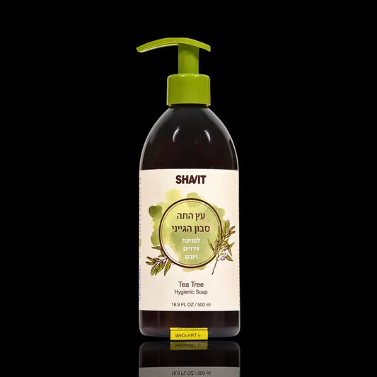 SHAVIT tea tree hygienic soap 500 ml brown pump bottle with a lime-green pump and cream label