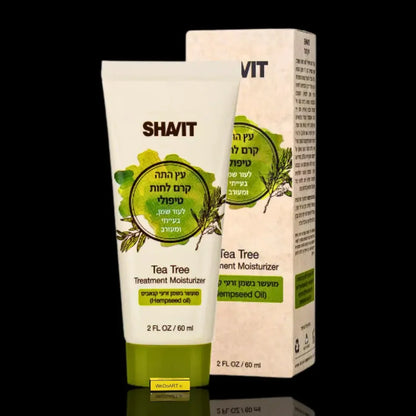SHAVIT tea tree moisturizer 60 ml cream tube next to its box on a black background
