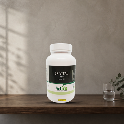 SP Vital capsules for men bottle on a dark walnut shelf with a glass of water