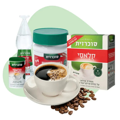 Sucrazit Classic product range — liquid sweetener bottle, powder jar, and 120-sachet box — displayed with a cup of coffee and coffee beans.