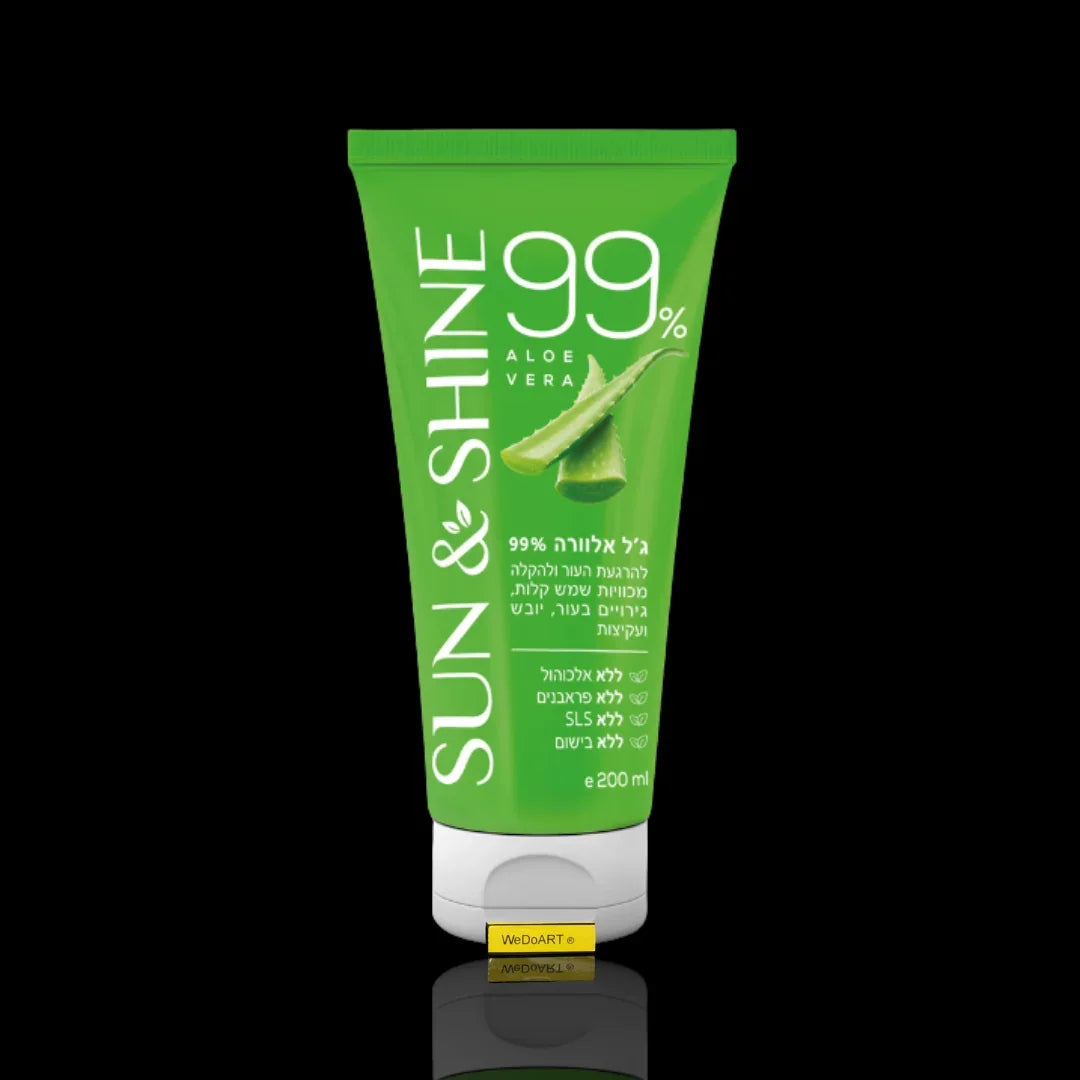 Sun & Shine Aloe Vera Gel 99% 200 ml tube with a mirror reflection on a black background