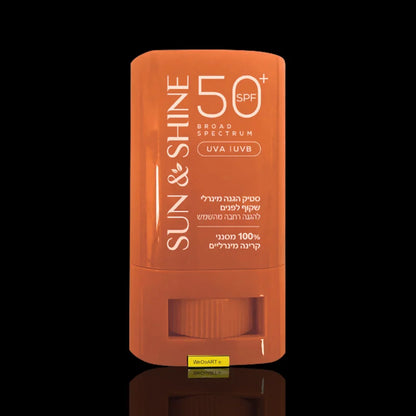 Sun & Shine Clear Mineral Face Sunscreen Stick SPF 50+ 15 g with a mirror reflection on a black background