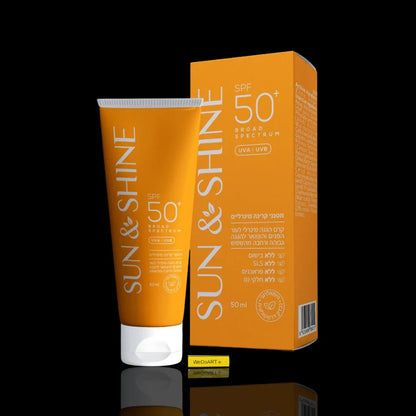 Sun & Shine Mineral Sunscreen Face and Neck SPF 50 50 ml tube and box with a mirror reflection on a black background