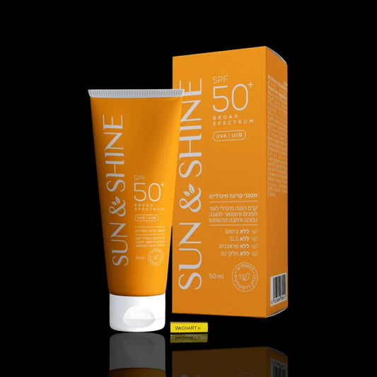 Sun & Shine Mineral Sunscreen Face and Neck SPF 50 50 ml tube and box with a mirror reflection on a black background