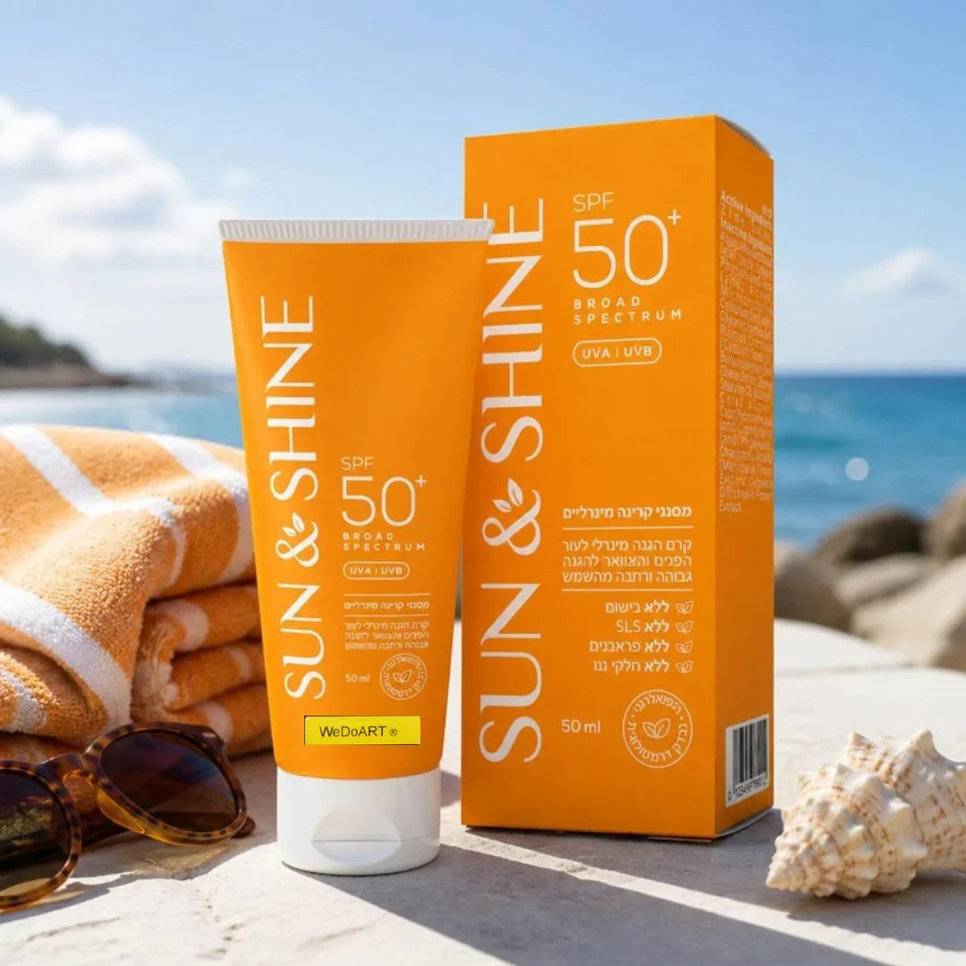 Sun & Shine Mineral Sunscreen Face and Neck SPF 50 50 ml tube and box beside a beach towel and seashell