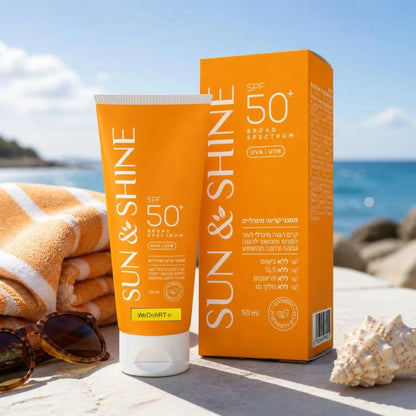 Sun & Shine Mineral Sunscreen Face and Neck SPF 50 50 ml tube and box beside a beach towel and seashell
