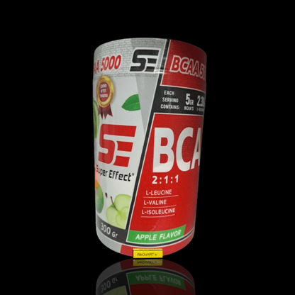 Super Effect BCAA apple powder 300 g tub with apple flavor label and WEDOART-IL reflection