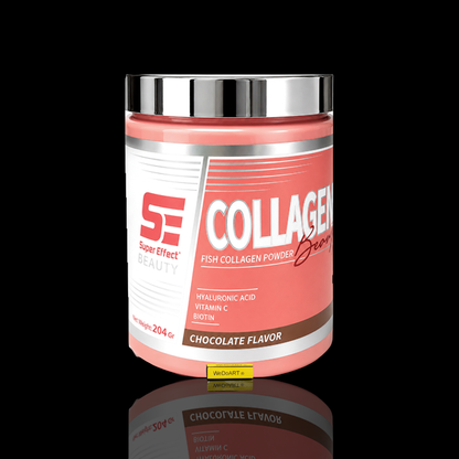 Super Effect Beauty Collagen Powder Chocolate 204 g tub with WEDOART-IL reflection