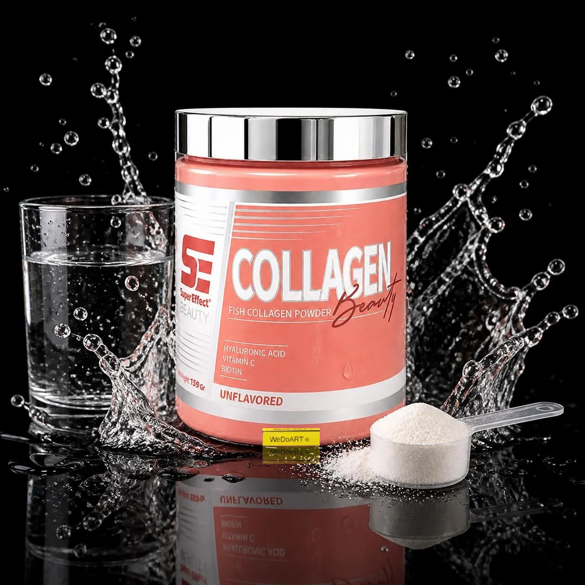 Super Effect Beauty Collagen Powder Unflavored 159 g tub with a glass of water and a scoop of powder