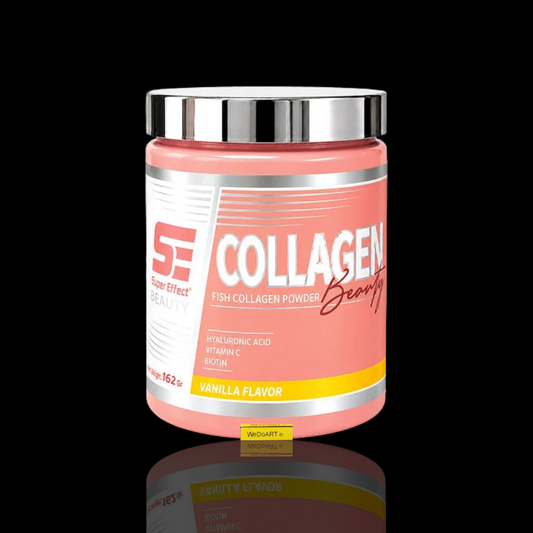 Super Effect Beauty Collagen Powder Vanilla 162 g tub with WEDOART-IL reflection