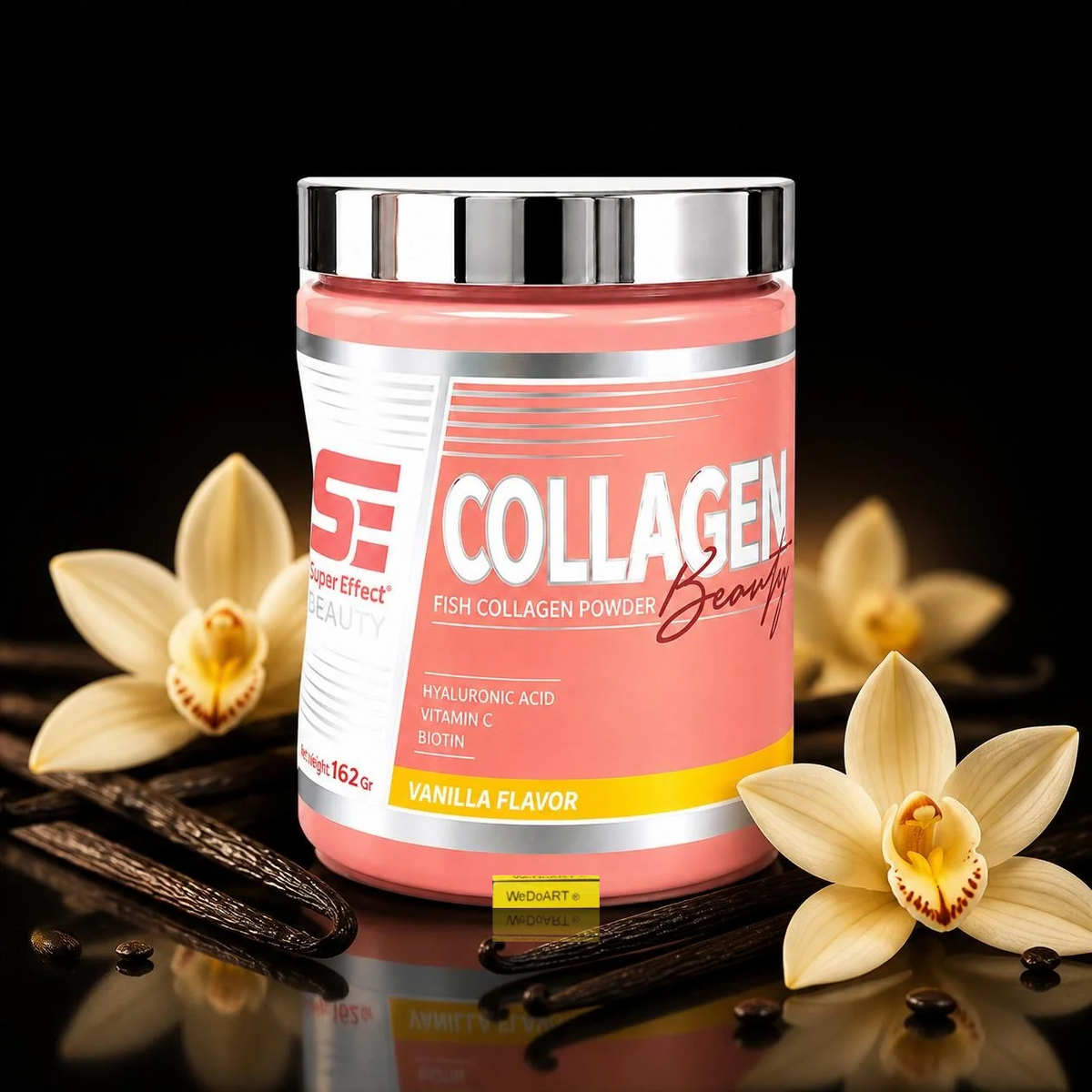 Super Effect Beauty Collagen Powder Vanilla 162 g tub surrounded by vanilla pods and orchid flowers