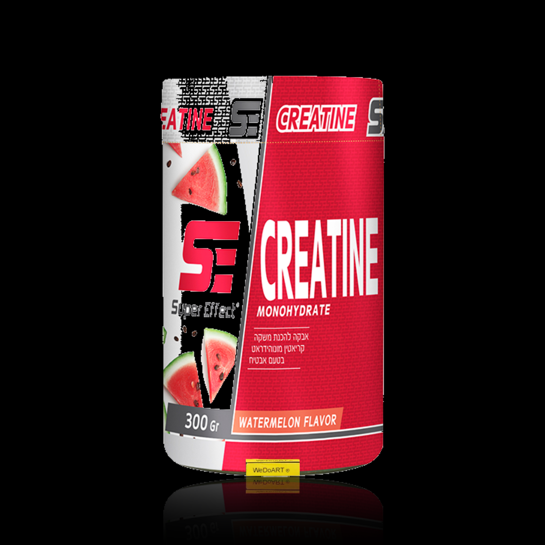 Super Effect creatine monohydrate watermelon powder 300 g tub with red watermelon label and WEDOART-IL reflection