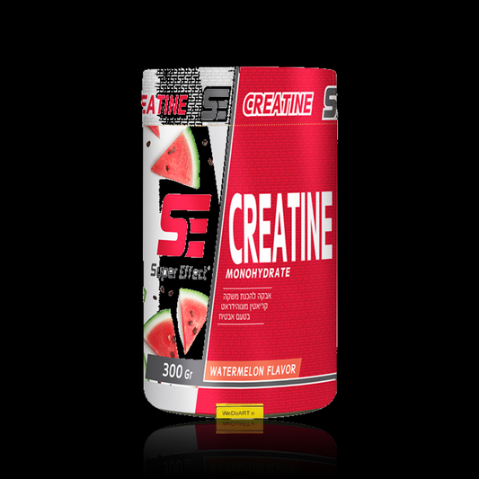 Super Effect creatine monohydrate watermelon powder 300 g tub with red watermelon label and WEDOART-IL reflection
