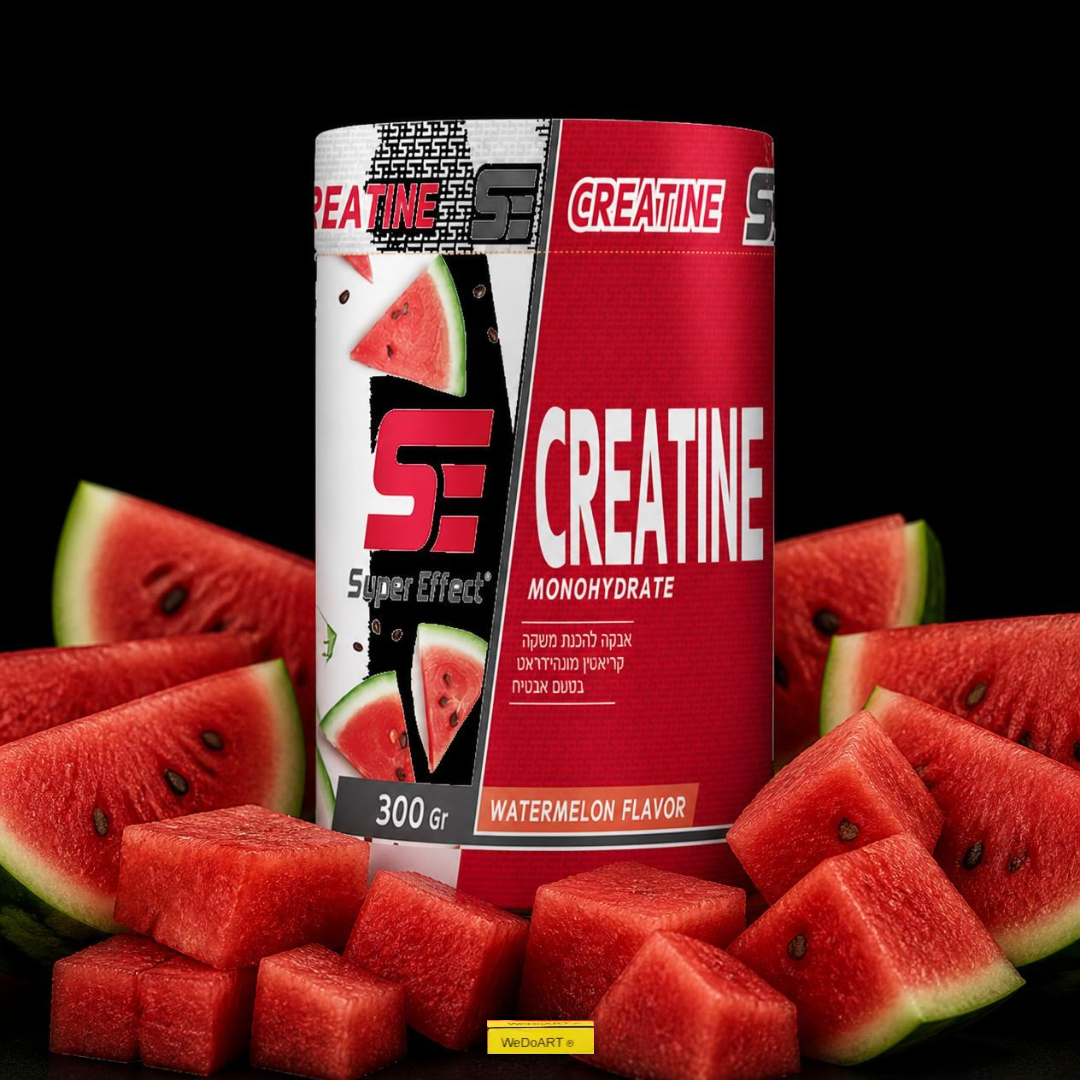 Super Effect creatine monohydrate watermelon powder 300 g tub surrounded by fresh sliced watermelon