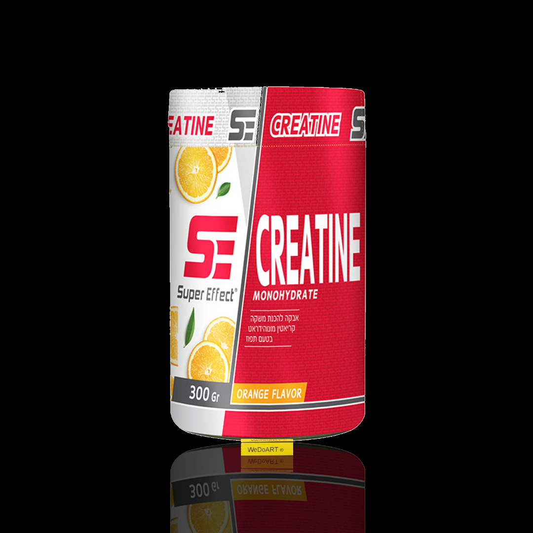 Super Effect creatine monohydrate orange powder 300 g tub with WEDOART-IL reflection