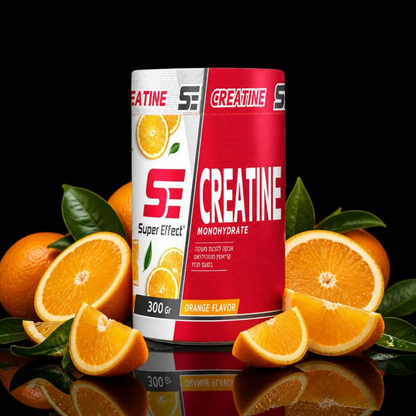 Super Effect creatine monohydrate orange powder 300 g tub surrounded by sliced oranges