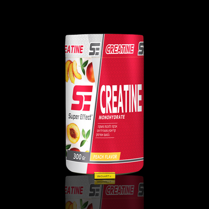 Super Effect creatine monohydrate peach powder 300 g tub with WEDOART-IL reflection
