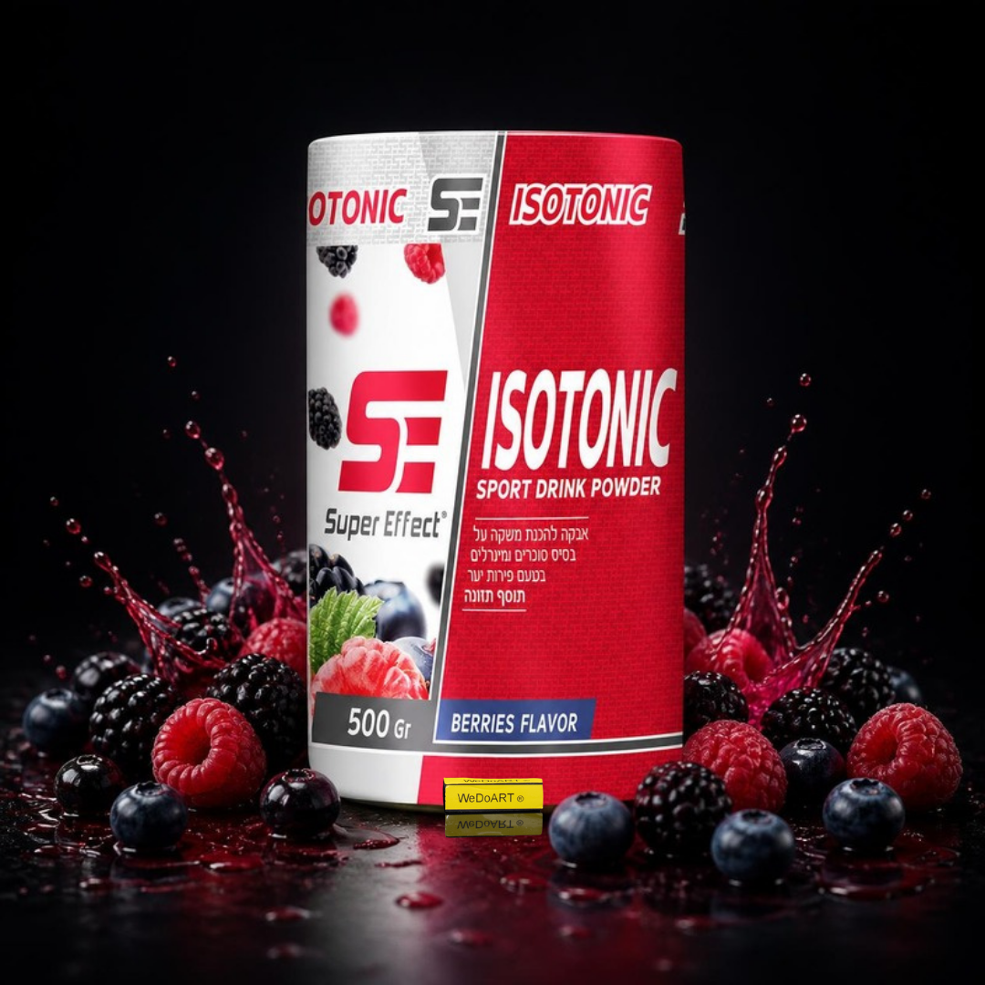 Super Effect Isotonic Drink Powder Berries 500 g tub surrounded by fresh blackberries, blueberries, and raspberries