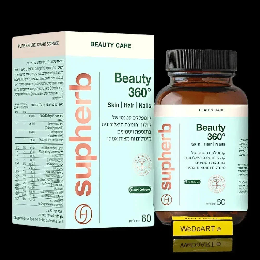 SupHerb Beauty 360 Skin Hair Nails supplement, mint-green box and amber bottle of 60 tablets