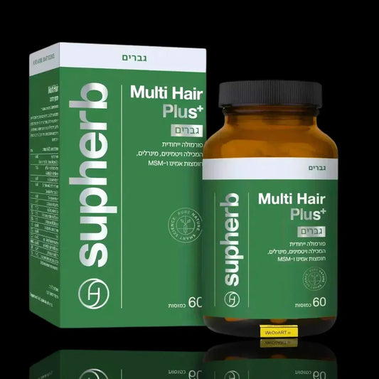 SupHerb Multi Hair Plus for men box and amber bottle, 60 capsules, in a green design