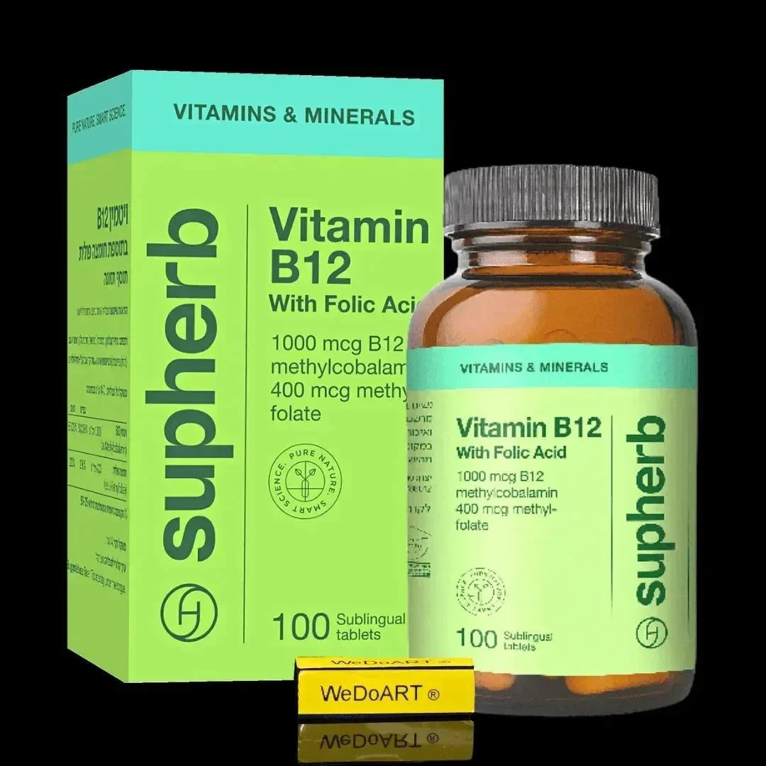 SupHerb Vitamin B12 with folic acid box and amber bottle, 100 sublingual tablets, 1000 mcg methylcobalamin and 400 mcg methylfolate