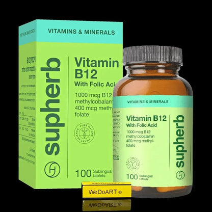 SupHerb Vitamin B12 with folic acid box and amber bottle, 100 sublingual tablets, 1000 mcg methylcobalamin and 400 mcg methylfolate