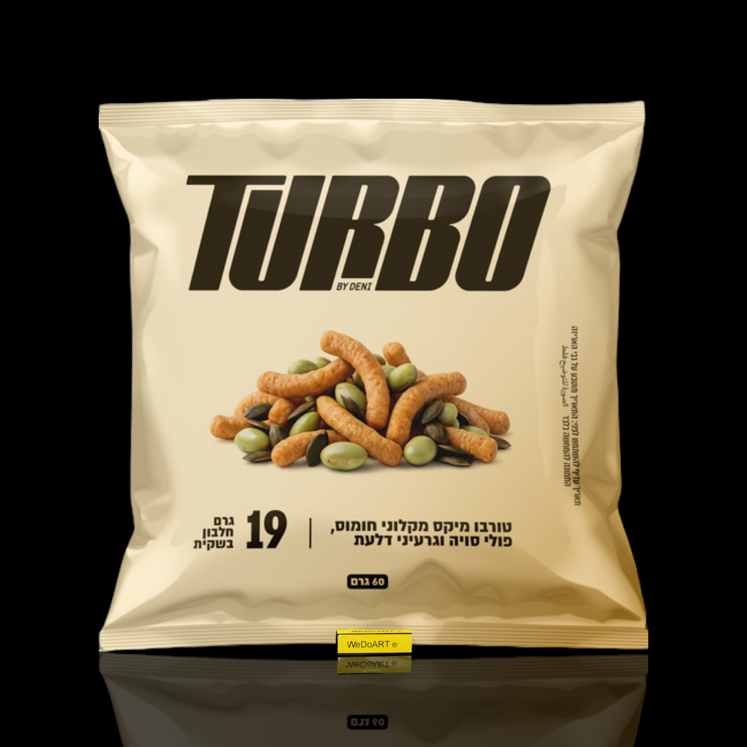 TURBO 19 g protein mix pouch front with edamame, pumpkin seeds and chickpea sticks, WEDOART-IL reflection