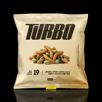 TURBO 19 g protein mix pouch front with edamame, pumpkin seeds and chickpea sticks, WEDOART-IL reflection