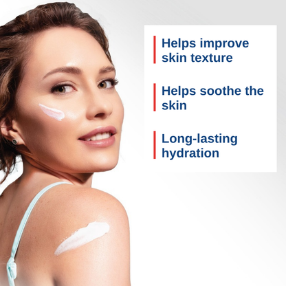 Woman applying U-Lactin moisturizing lotion with 5% niacinamide to her cheek and shoulder, with benefits listed in English