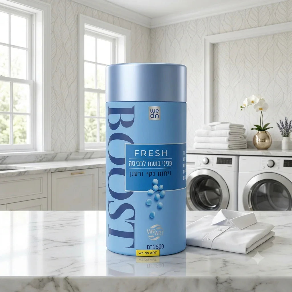 Blue BOOST Fresh laundry detergent on marble counter with folded shirts and washing machines